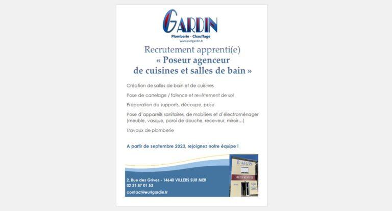 L’Entreprise GARDIN recrute un apprenti(e) « poseur agenceur de salles de bain et cuisines » pour septembre 2023 !